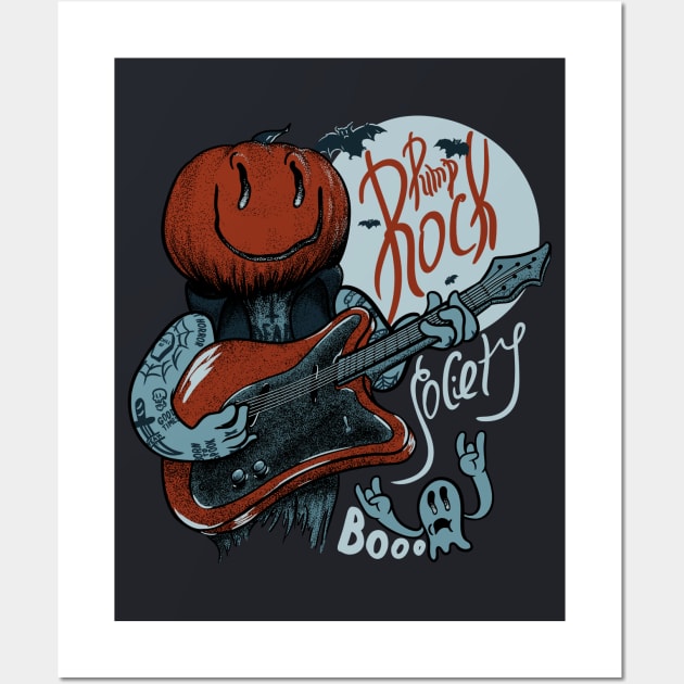 Pump Rock Society - Halloween Pumpkin Playing Guitar Wall Art by anycolordesigns